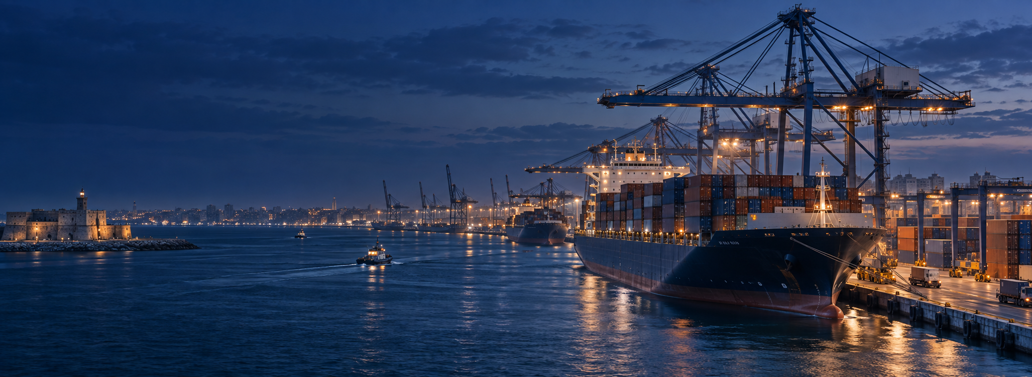 Container vessel and cranes at a Mediterranean port at blue hour